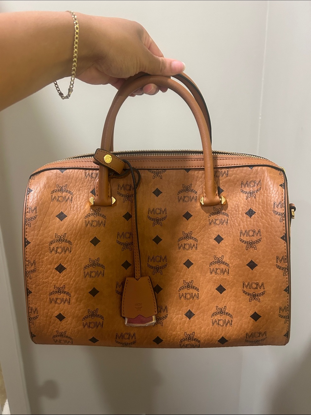 MCM Cognac Monogram Leather Boston Bag